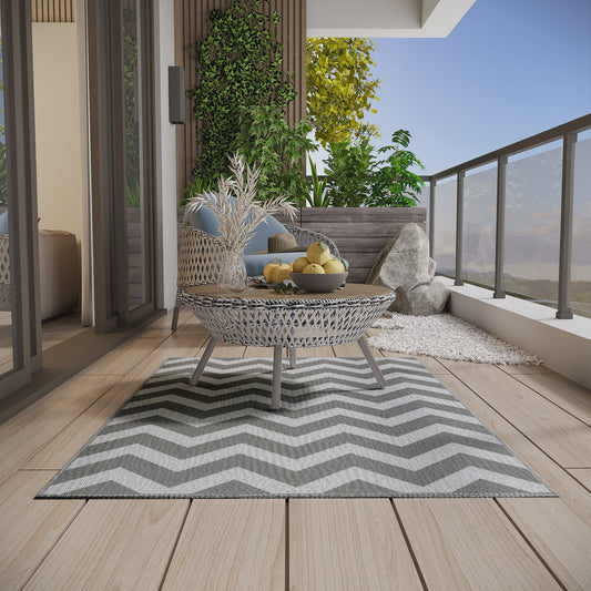 Waterdicht Buitentapijt 121x182cm - Lichtgrijs/Wit Zigzag - Ideaal voor Balkon & Tuin