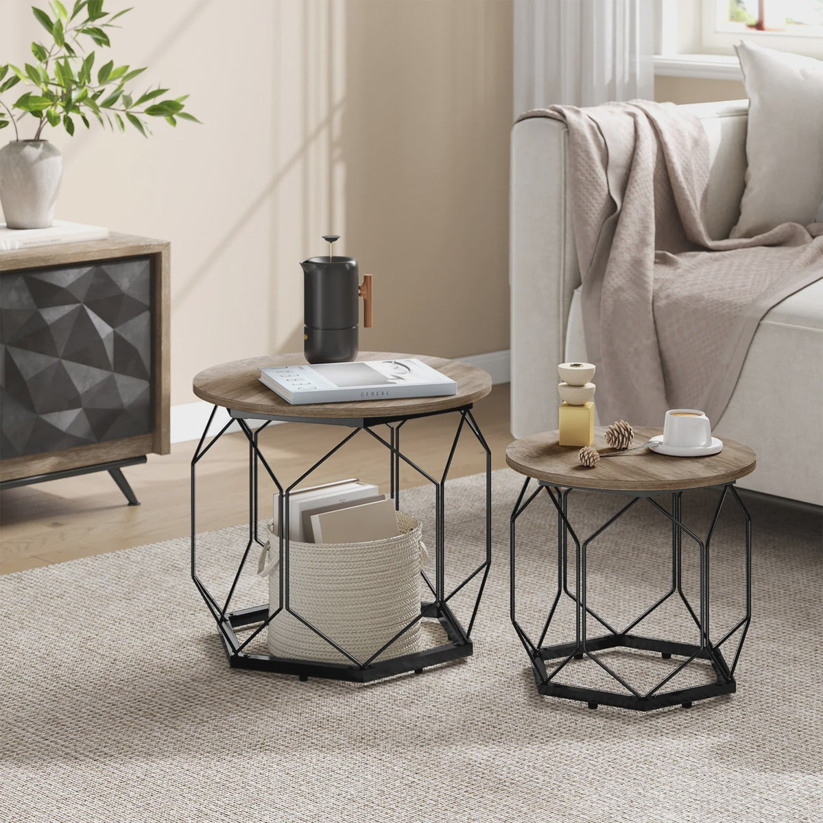 Set van 2 Ronde Bijzettafels met Opbergruimte - Stijlvolle Koffie- en Salontafels voor de Woonkamer met Metaal Frame en Hout