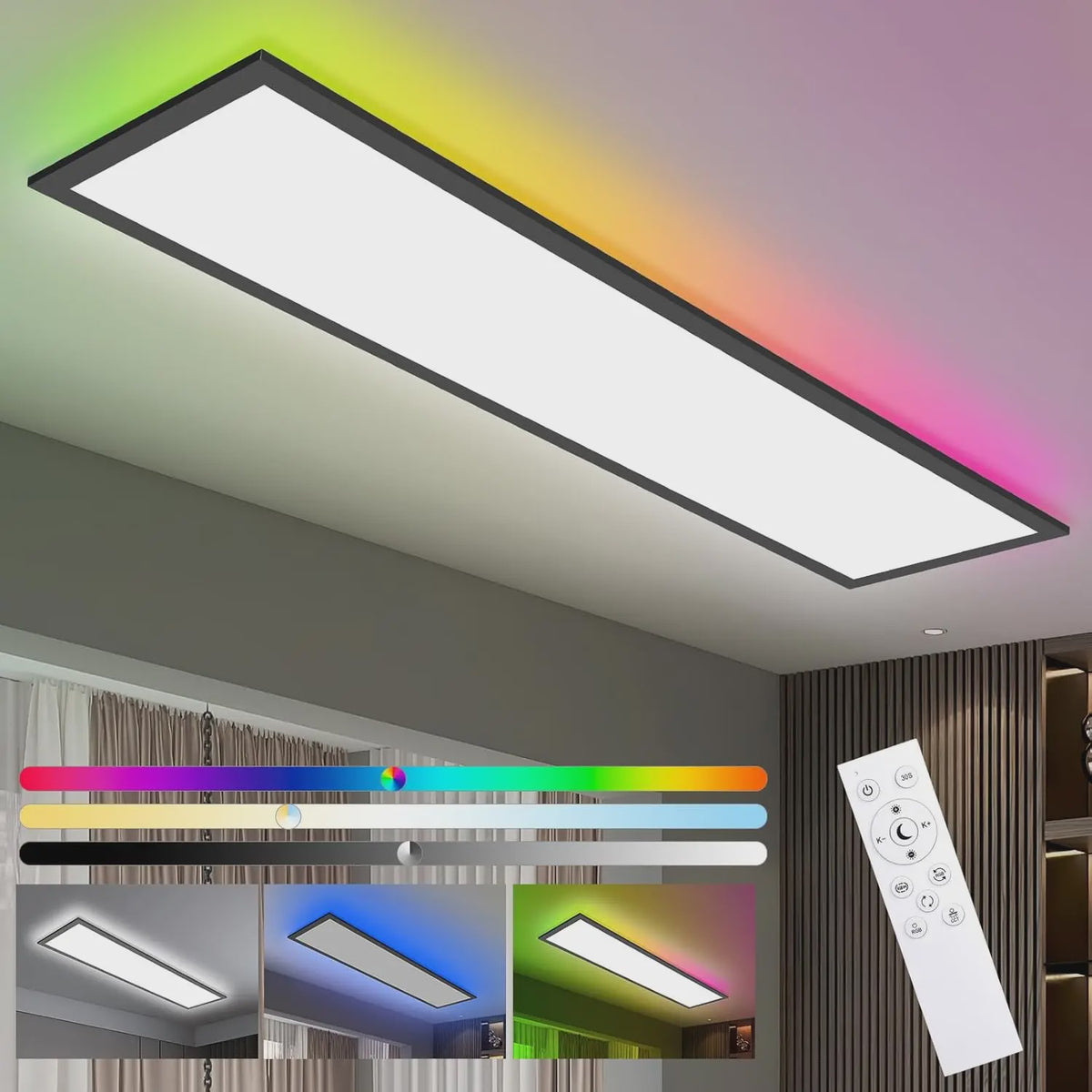 Dimbare LED Panelen 120x30cm met RGB Kleuren en Afstandsbediening - 40W, 4400LM, Zwart Frame