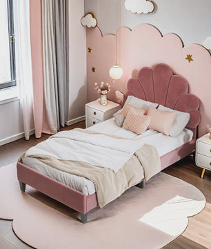 Kinderbed met Verstelbaar Hoofdbord en Bloemmotief - Velours - Meisjesbed