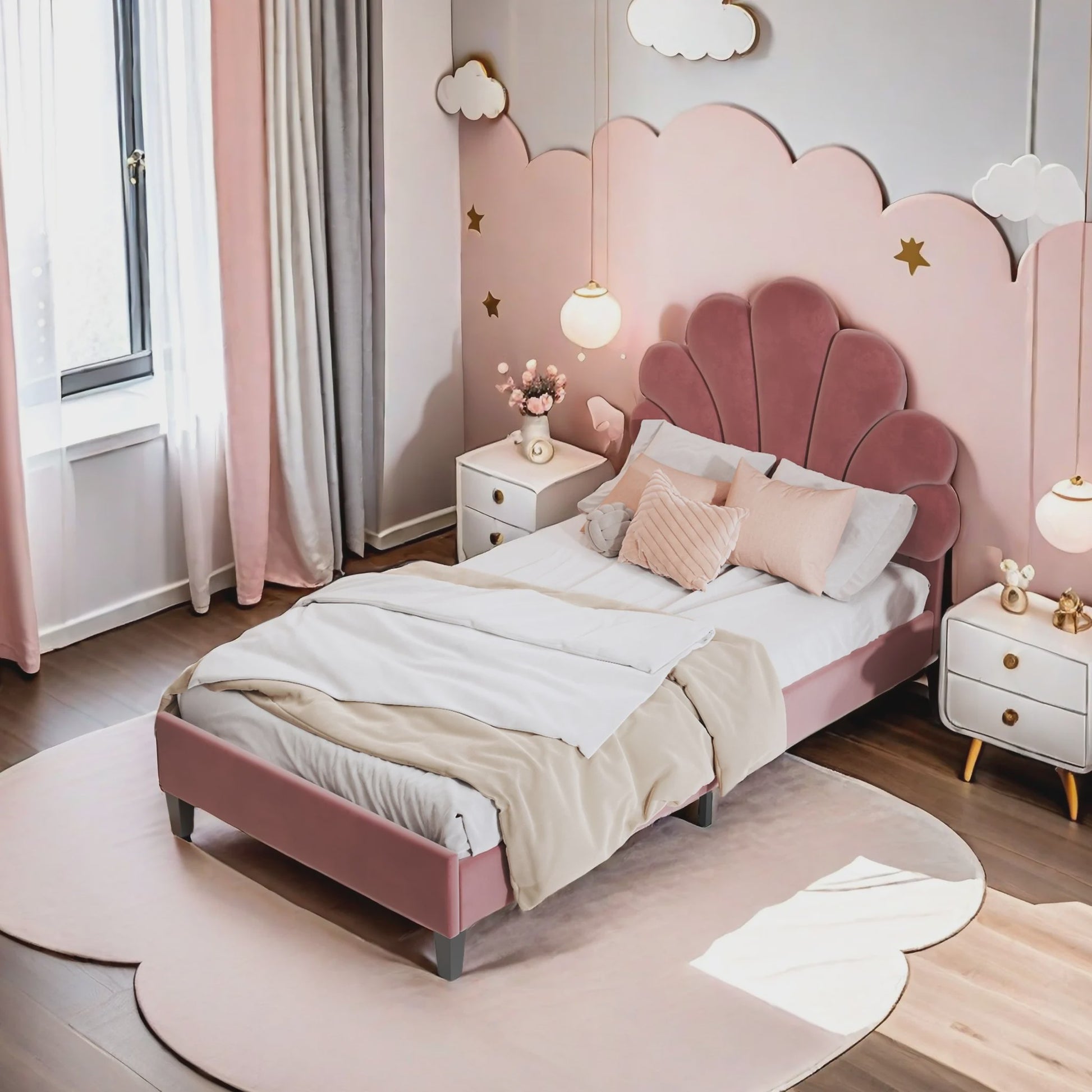 Kinderbed met Verstelbaar Hoofdbord en Bloemmotief - Velours - Meisjesbed