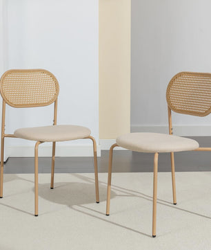 Set van 2 Eetkamerstoelen met Rotan Rugleuning - Vintage Design - Zwart/Houtkleur