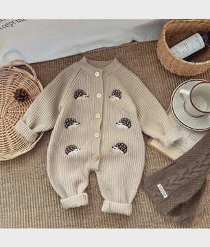 Schattige Baby Gebreide Jumpsuit met Egel Print - Lente & Herfst Kruippakje