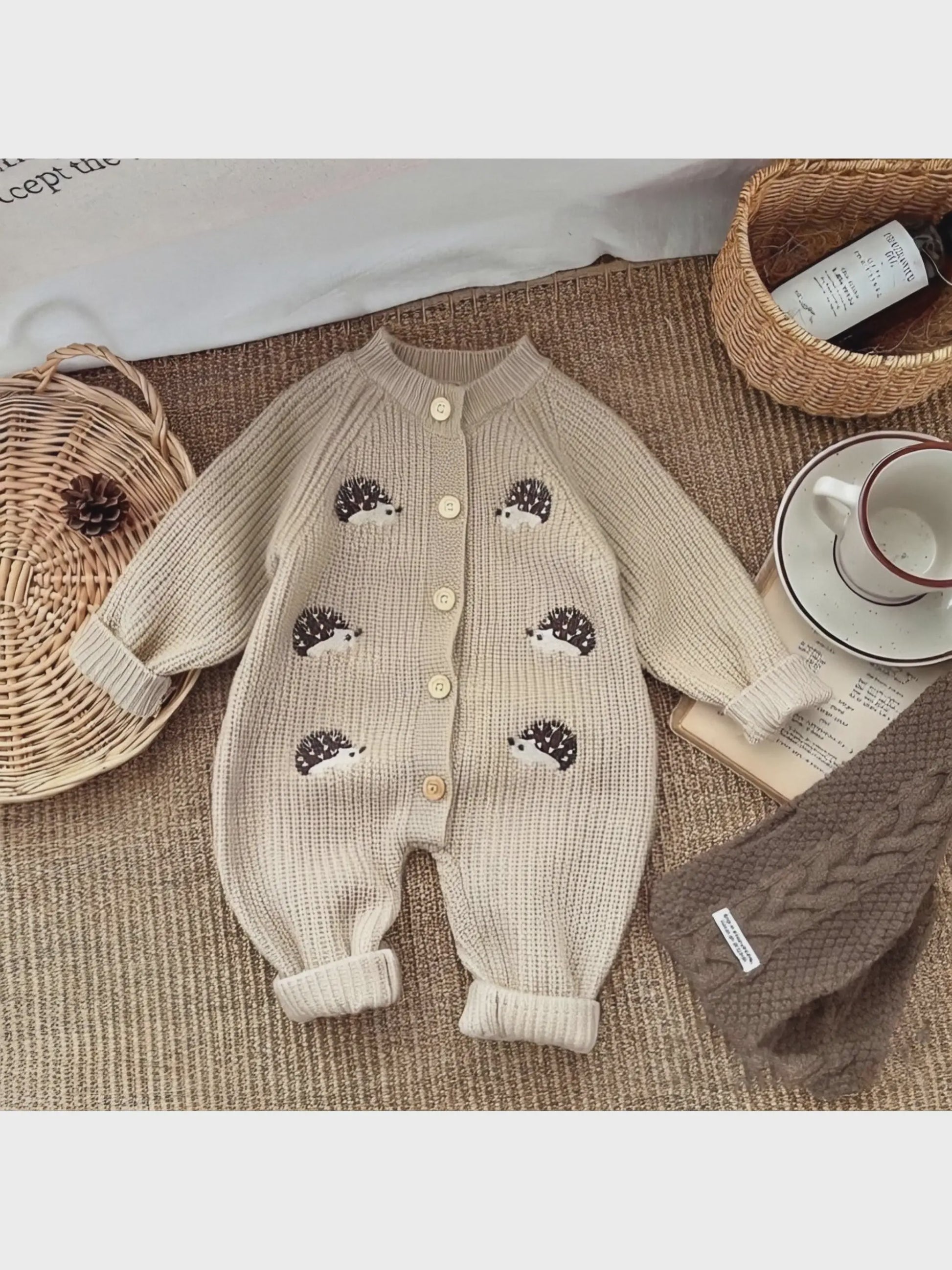 Schattige Baby Gebreide Jumpsuit met Egel Print - Lente & Herfst Kruippakje