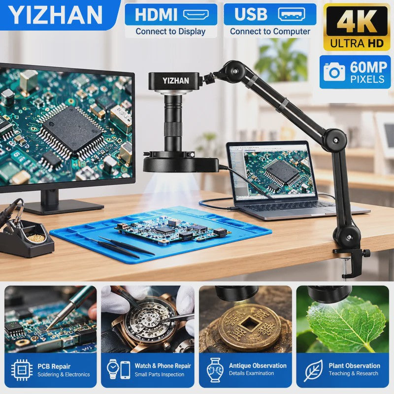 YIZHAN 60MP 4K Digitale Microscoop met HDMI/USB, 150x Zoom en Verstelbare Arm