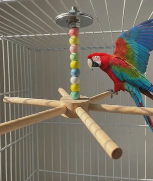 Grote Houten Vogelzitstok met Kleurrijke Kralen en Windmolen - Speelparadijs voor Papegaaien