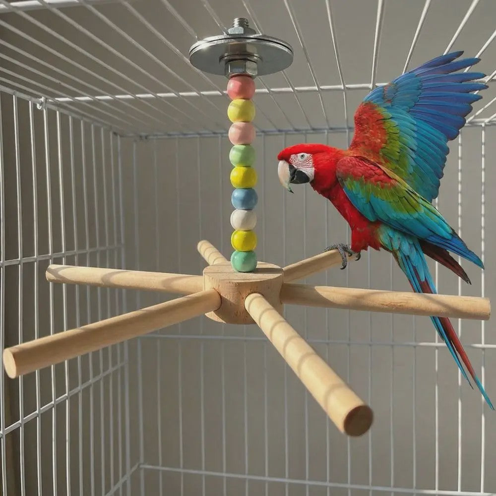 Grote Houten Vogelzitstok met Kleurrijke Kralen en Windmolen - Speelparadijs voor Papegaaien