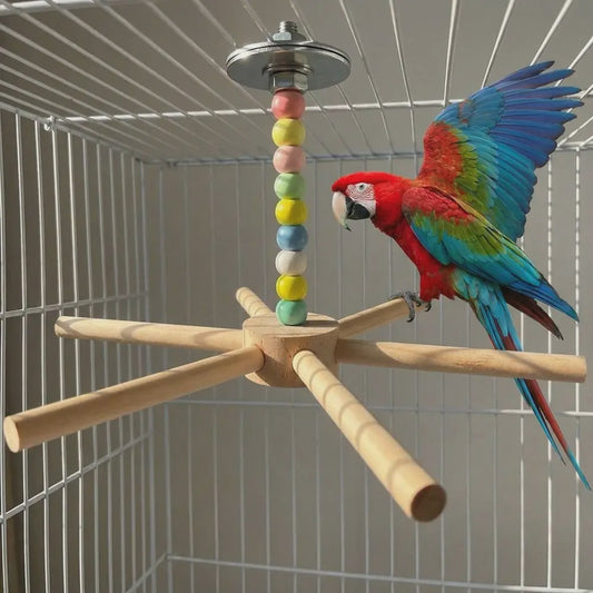 Grote Houten Vogelzitstok met Kleurrijke Kralen en Windmolen - Speelparadijs voor Papegaaien