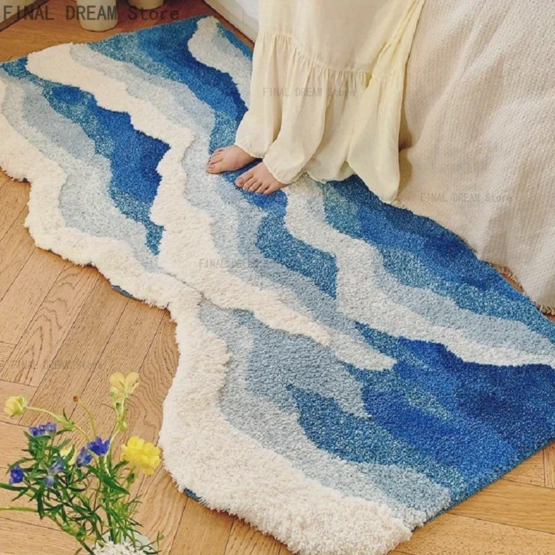 Blauw Zee Golf Vloerkleed - Esthetisch Slaapkamer & Corridor Tapijt