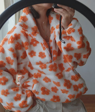 Dames Sherpa Pullover Hoodie met Bloemenprint en Halve Rits - Warm & Stijlvol