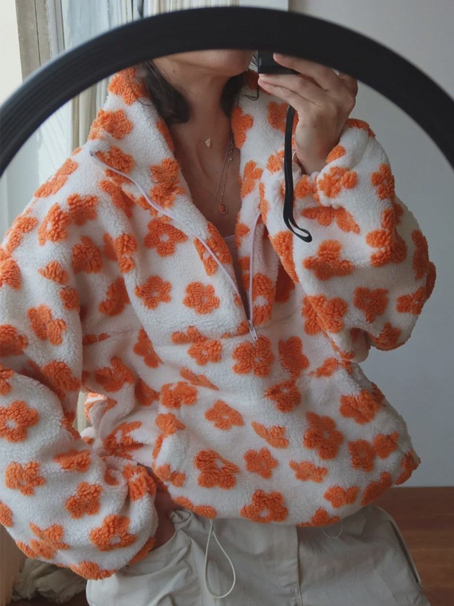 Dames Sherpa Pullover Hoodie met Bloemenprint en Halve Rits - Warm & Stijlvol
