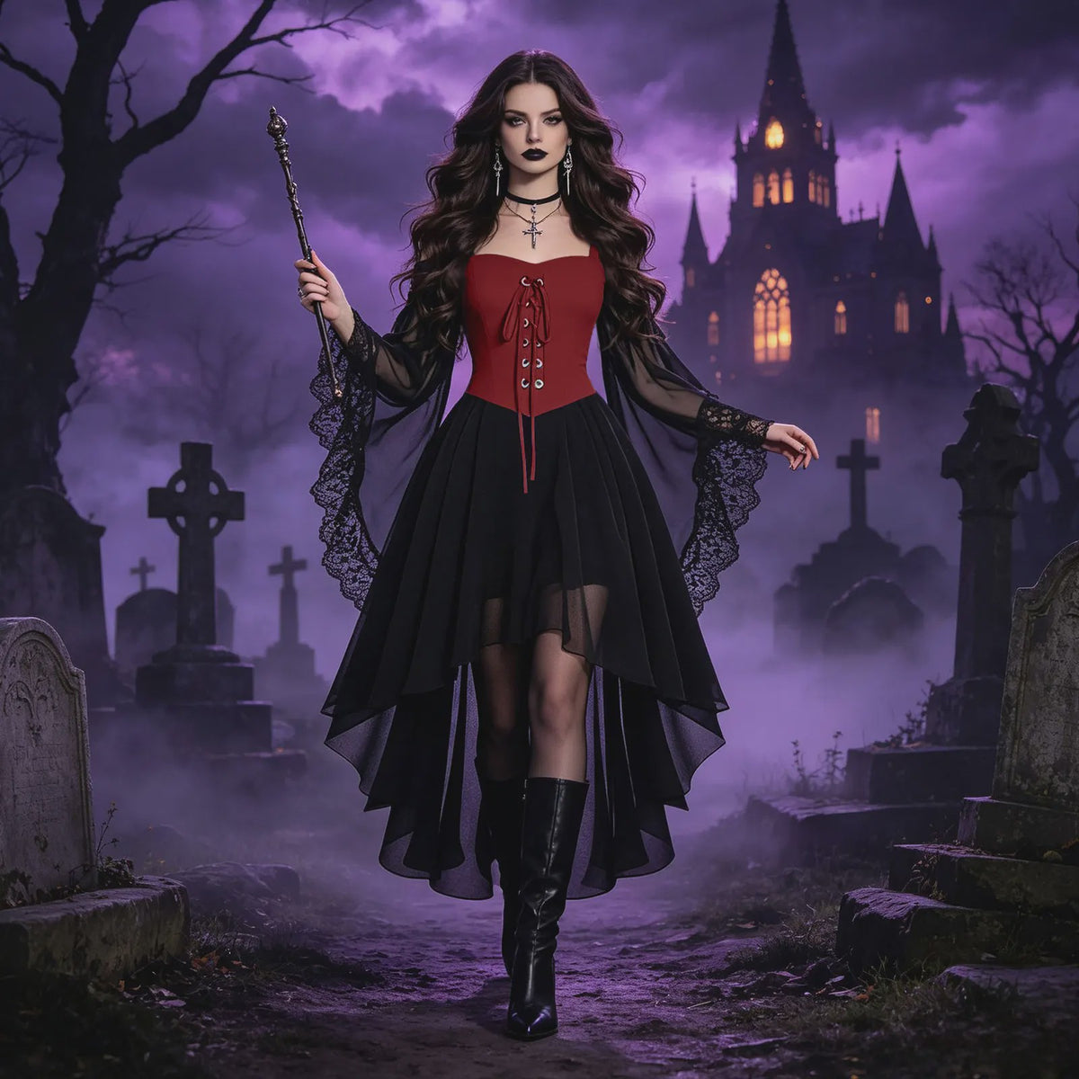 Dames Heksenjurk met Pofmouwen - Middeleeuwse & Gothische Renaissance Stijl voor Halloween & Cosplay