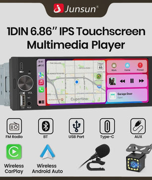 Universele 1-DIN Autoradio met 6.86" IPS Touchscreen, Draadloze CarPlay & Android Auto