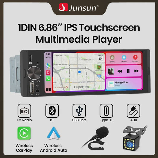 Universele 1-DIN Autoradio met 6.86" IPS Touchscreen, Draadloze CarPlay & Android Auto