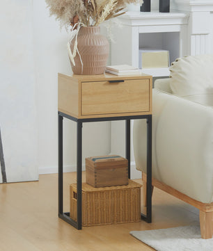 Stijlvolle Bijzettafel met Lade en Stalen Poten - Natuurlijk Hout - 40x30x76 cm