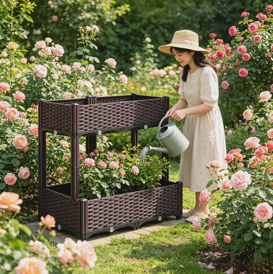 Verhoogde Plantenbak Dubbele Laag - 4 Vakken - 80x40x67cm - Buiten - Met Drainage