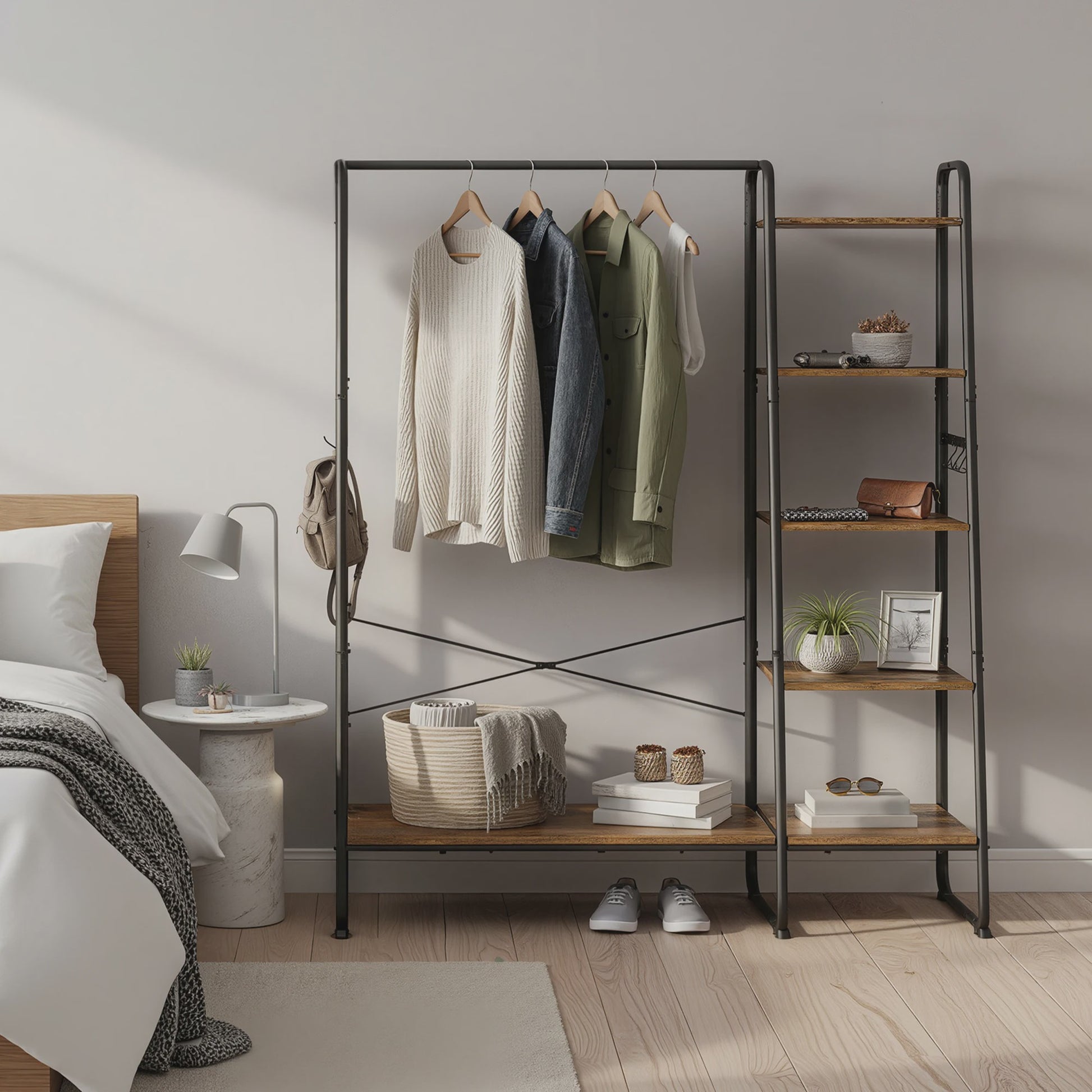 Stijlvolle Kledingrek met 6 Haken en Opbergplanken - 120x45x160 cm