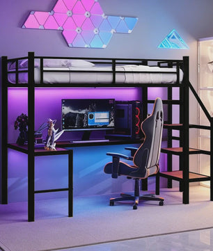 Ruimtebesparend 90x190cm Hoogslaper met L-vormig Bureau, Trap, Opslag & Veiligheidshek