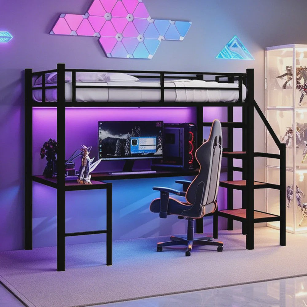 Ruimtebesparend 90x190cm Hoogslaper met L-vormig Bureau, Trap, Opslag & Veiligheidshek