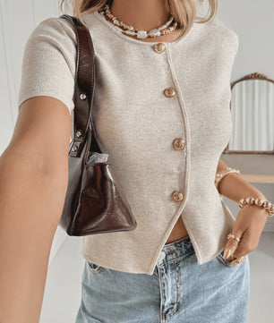 Dames Cardigan met Korte Mouwen, V-Hals en Knopen - Elegant & Minimalistisch