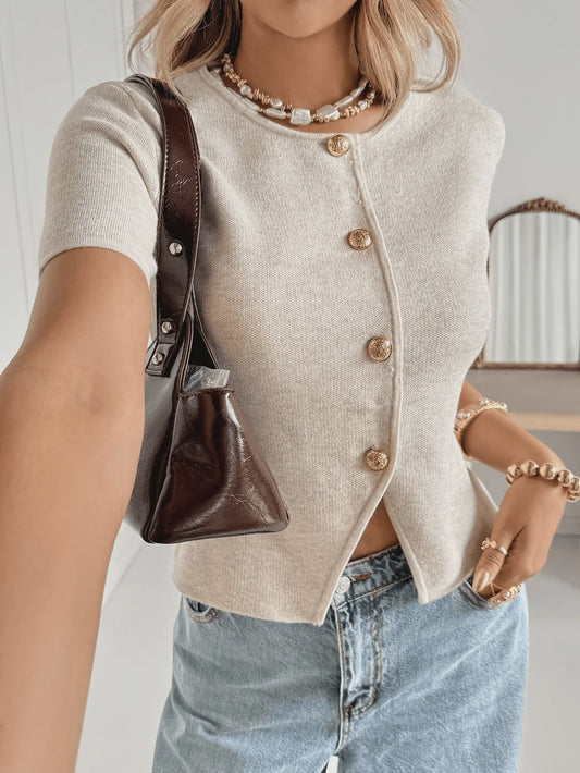 Dames Cardigan met Korte Mouwen, V-Hals en Knopen - Elegant & Minimalistisch