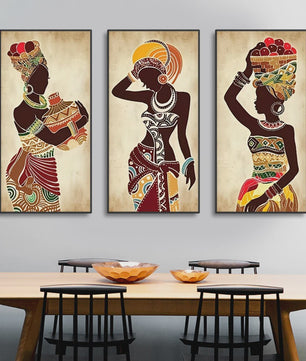 Set van 3 Afrikaanse Vrouwen Canvas Schilderijen - Vintage Wanddecoratie