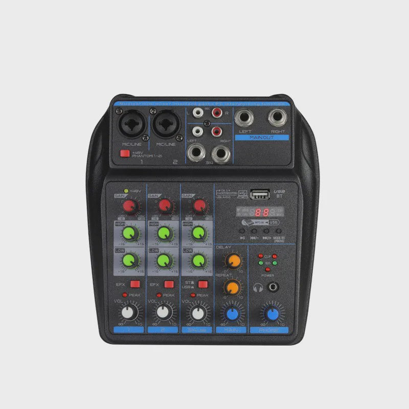 4-Kanaals DJ Mixer Console met Bluetooth, USB en 48V Fantoomvoeding