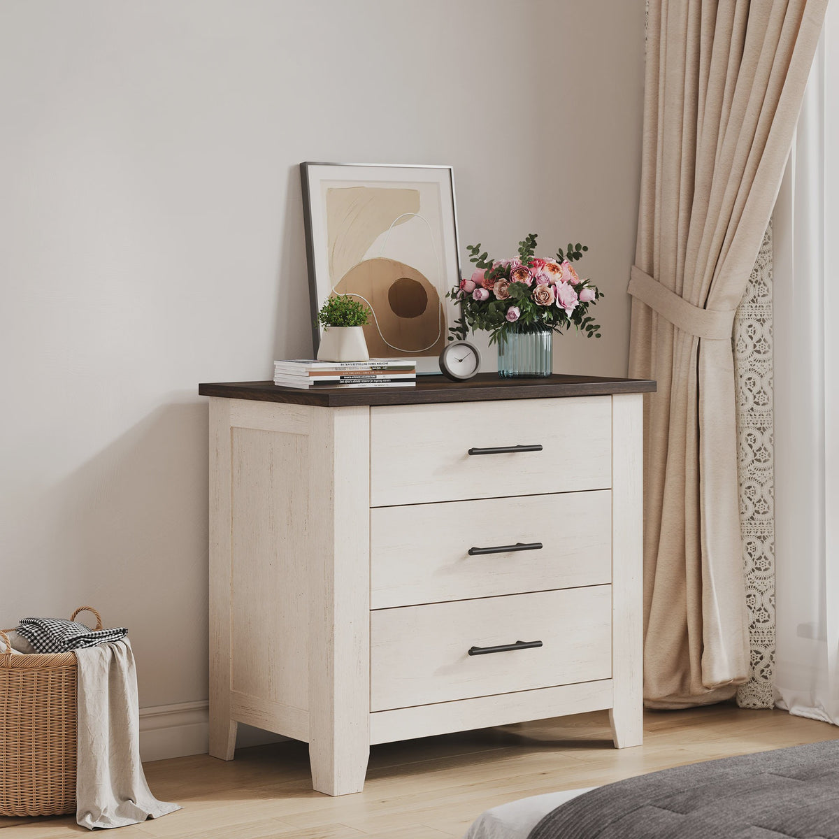 3-Laden Commode Wit Bruin - Compact Nachtkastje en Ladekast voor Slaapkamer/Woonkamer