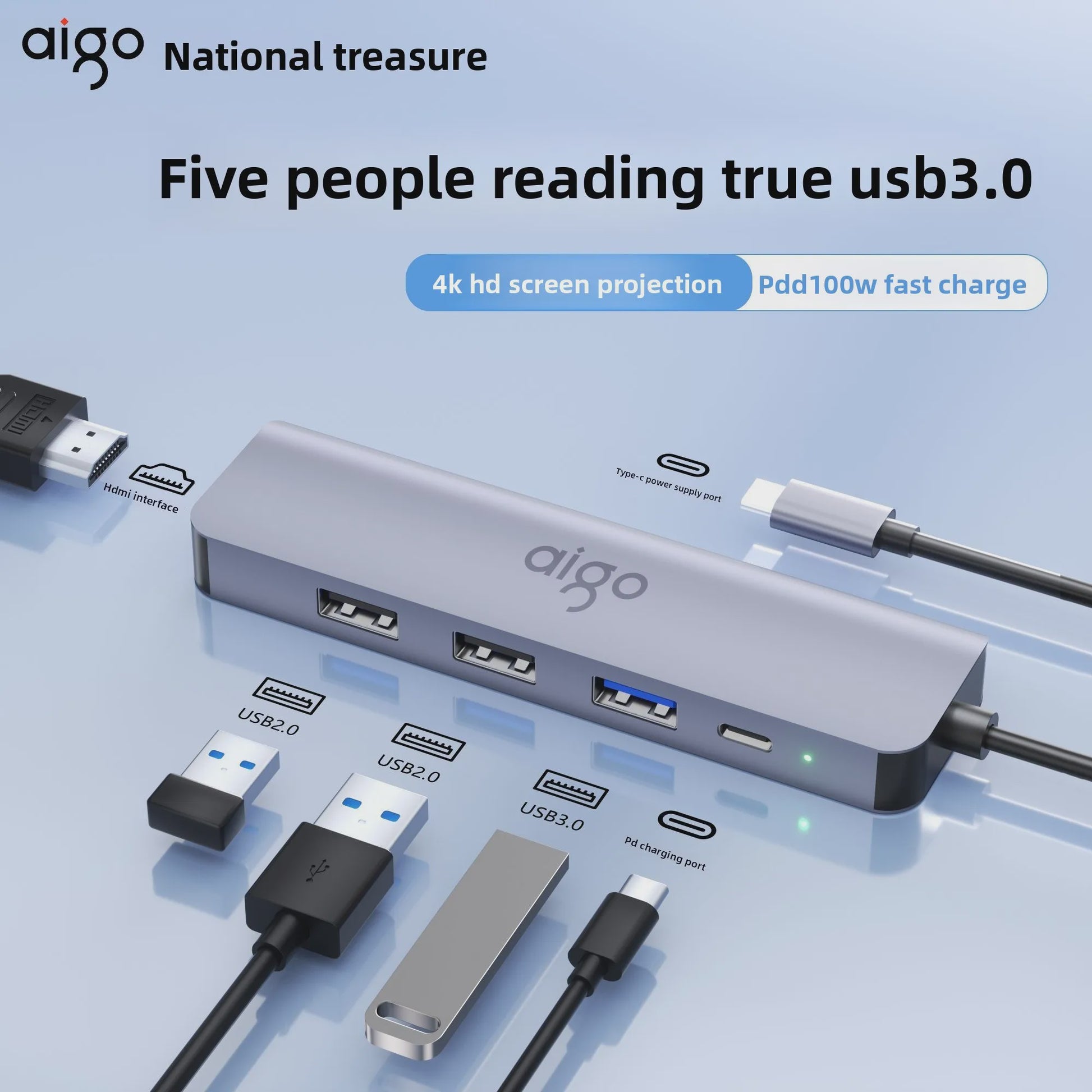 Aigo USB-C Hub met HDMI, PD Snellaadpoort en 3x USB 3.0 voor Laptops