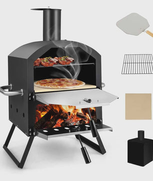 Outdoor Pizzaoven met 2 Lagen, Grillrooster, Pizzasteen & Schep