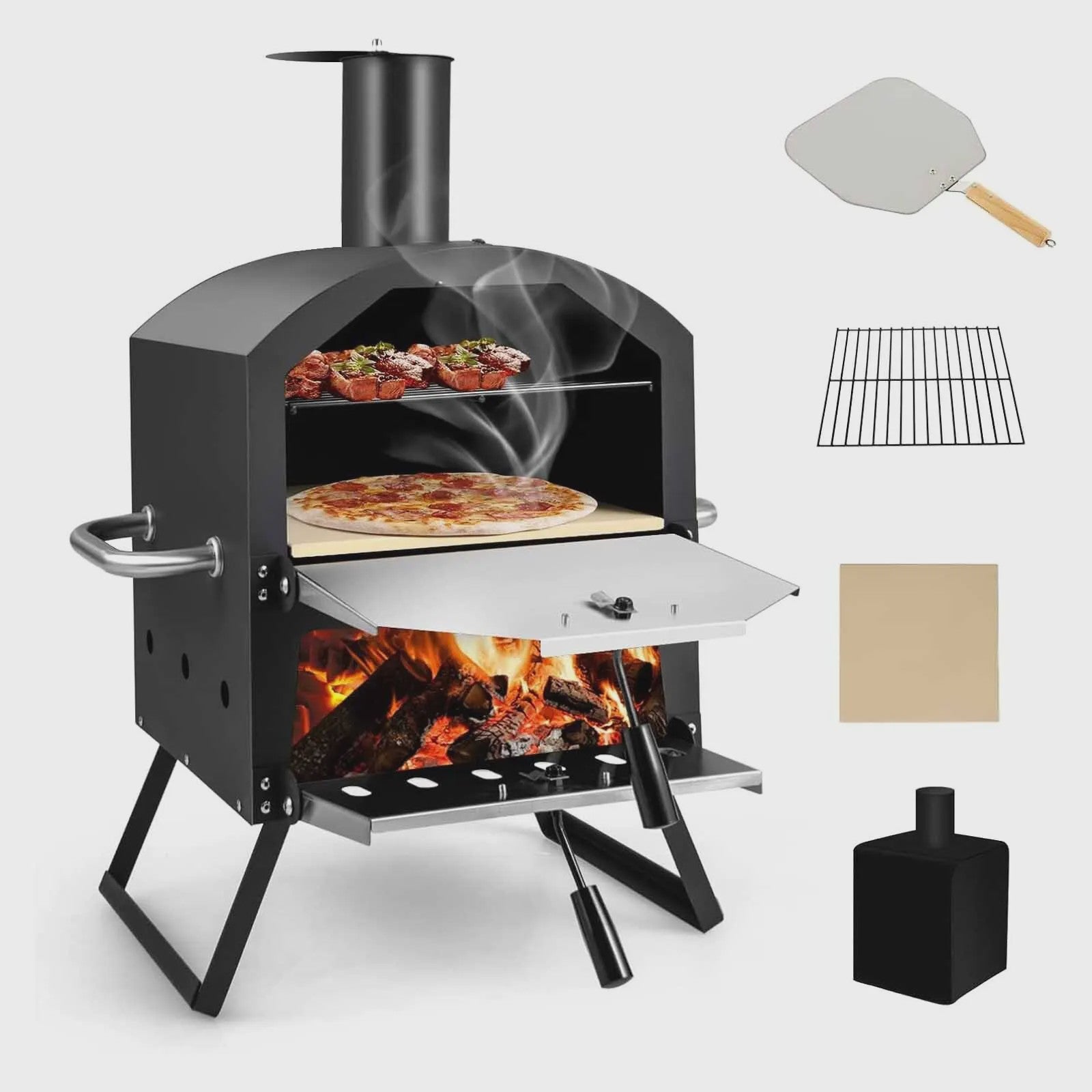 Outdoor Pizzaoven met 2 Lagen, Grillrooster, Pizzasteen & Schep