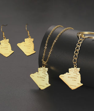 Algerije Kaart Ketting & Sleutelhanger Set - Roestvrij Staal, Stijlvolle Afrikaanse Sieraden