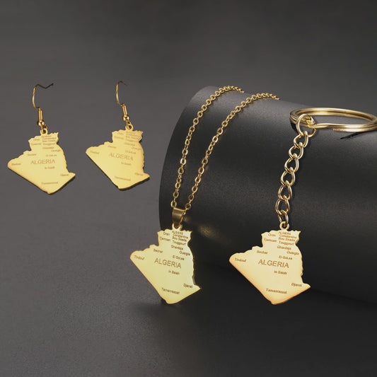 Algerije Kaart Ketting & Sleutelhanger Set - Roestvrij Staal, Stijlvolle Afrikaanse Sieraden