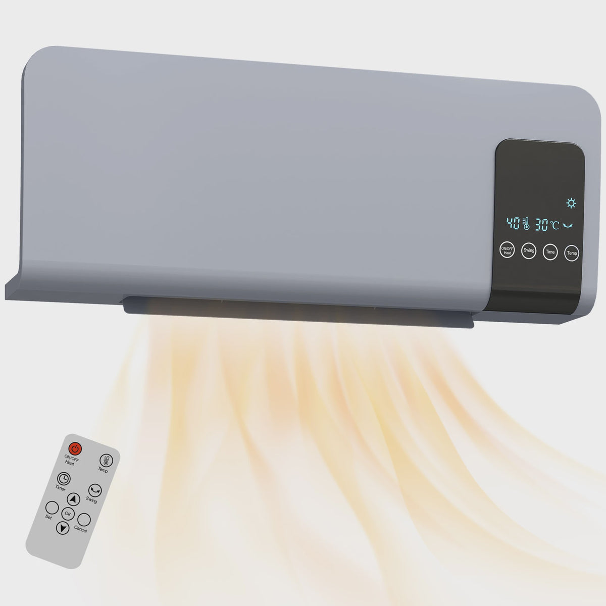 Elektrische Wandverwarming 1000W/2000W met LED Display en Afstandsbediening - Grijs