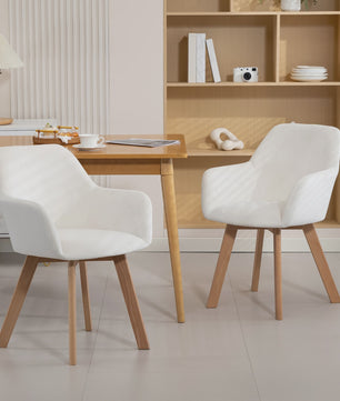 Set van 2 Crème Fluweel Armstoelen - Comfortabele Eetkamerstoelen met Houten Poten