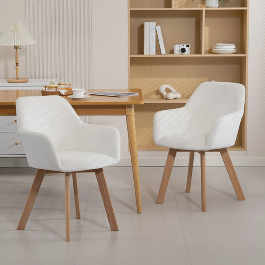 Set van 2 Crème Fluweel Armstoelen - Comfortabele Eetkamerstoelen met Houten Poten
