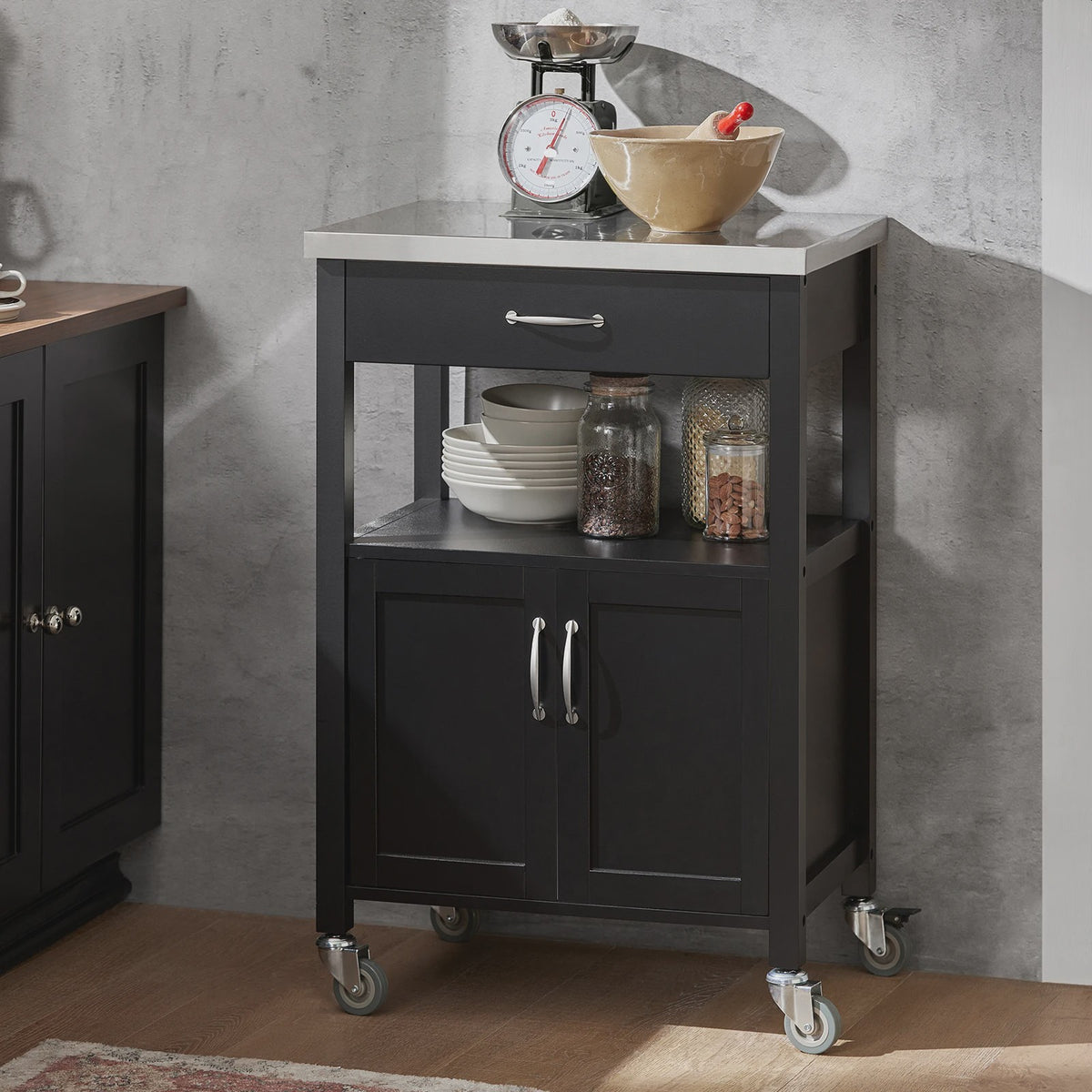 SoBuy Keukentrolley FKW22 - Houten Werkblad, Opbergruimte & Wielen
