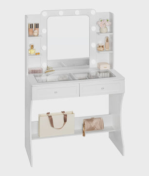 Witte Kaptafel met Verstelbare 3-Kleur Verlichting en Glazen Tafelblad - Stijlvolle Make-up Opbergruimte