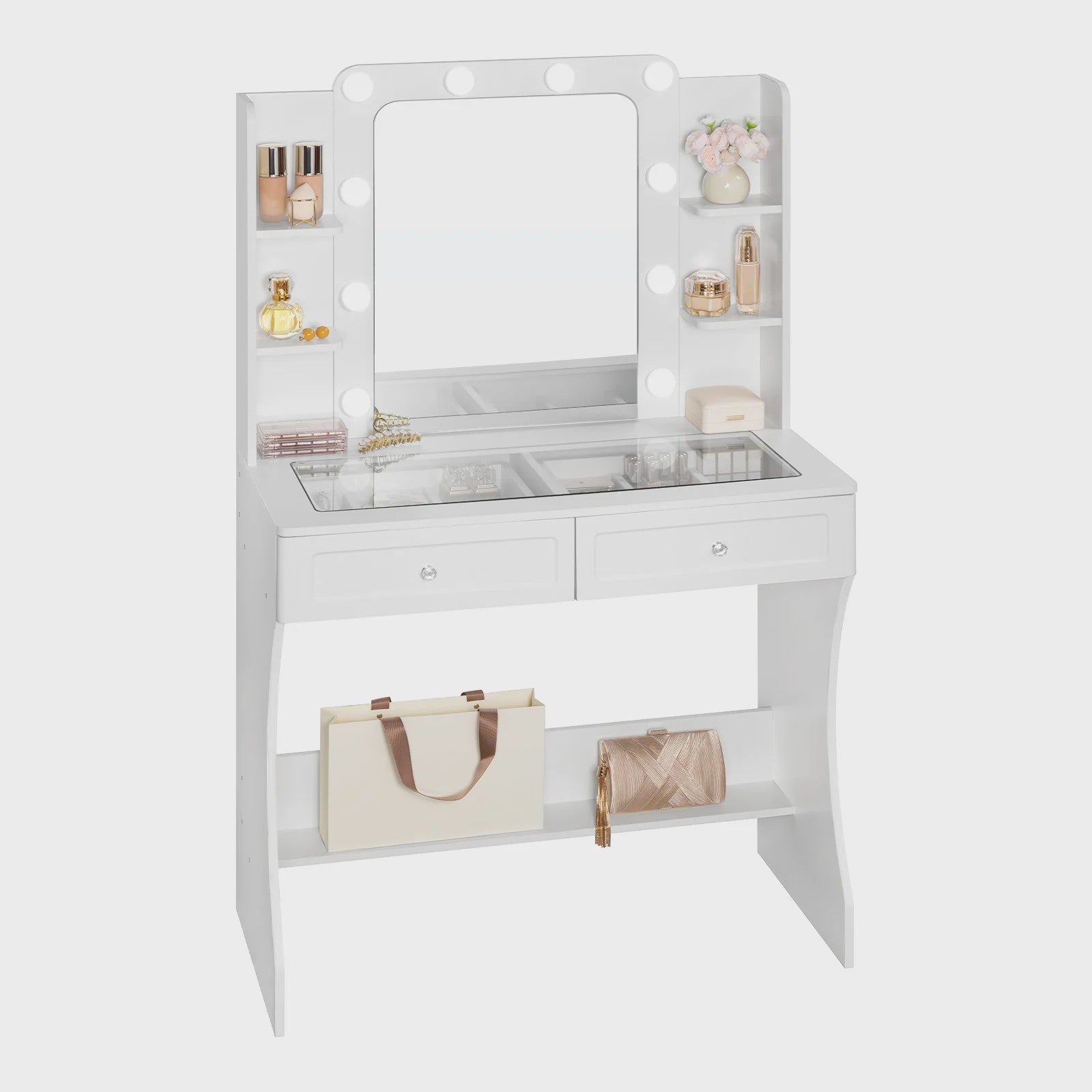 Witte Kaptafel met Verstelbare 3-Kleur Verlichting en Glazen Tafelblad - Stijlvolle Make-up Opbergruimte