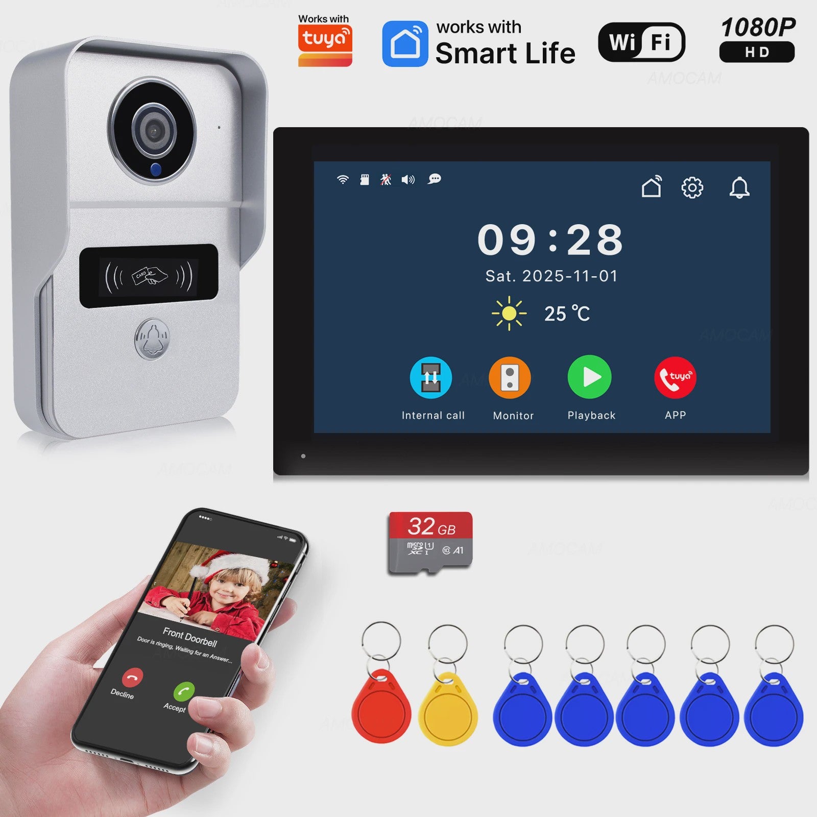 Draadloos Wifi Videodeurbel Systeem met 7" Touchscreen & 1080P Camera