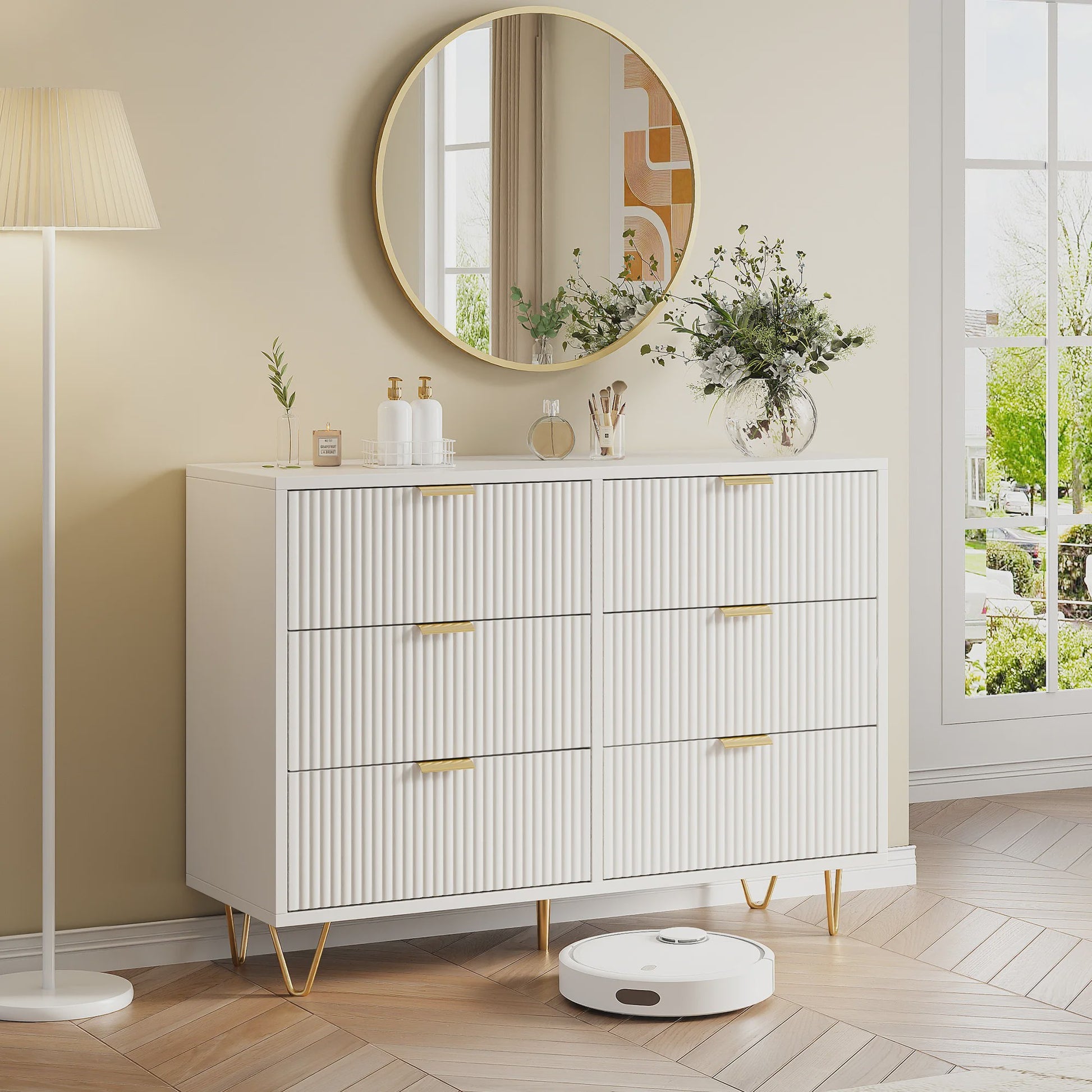 Stijlvol Wit Sideboard Kast met 6 Lades en Gouden Metalen Poten