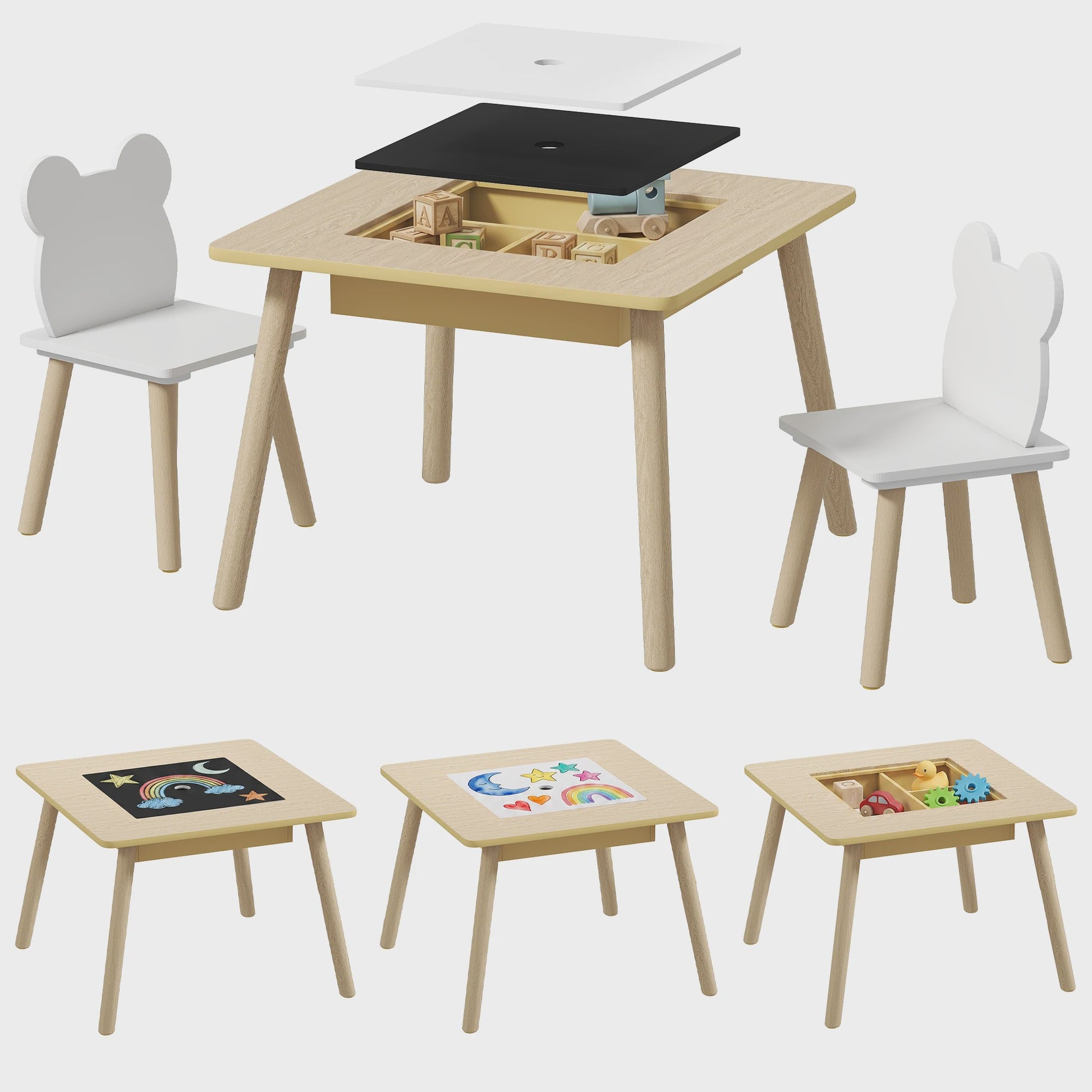 AIYAPLAY Kinder Speeltafel met 2 Stoelen - Opbergruimte & Omkeerbaar Blad
