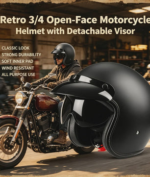 Retro 3/4 Motorhelm Open-Face met Afneembaar Vizier - Vintage Stijl Veiligheidshelm voor Cruiser & Scooter
