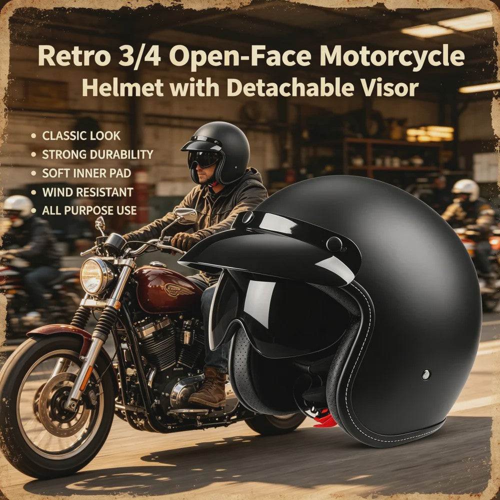Retro 3/4 Motorhelm Open-Face met Afneembaar Vizier - Vintage Stijl Veiligheidshelm voor Cruiser & Scooter