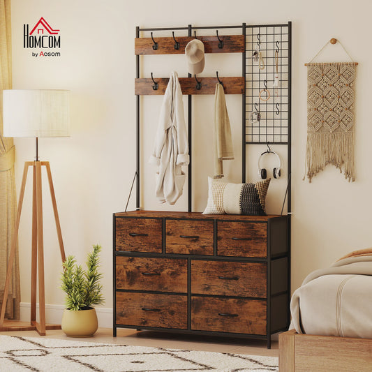 HOMCOM 4-in-1 Entree Meubel met 7 Lades en 14 Haken - Industrieel Zwart & Rustiek Bruin