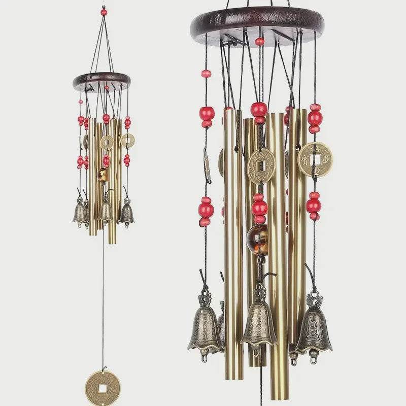 Traditionele Chinese Bronzen Windgong met 4 Buizen en 5 Bellen - Feng Shui Geluksbrenger voor Tuin en Terras