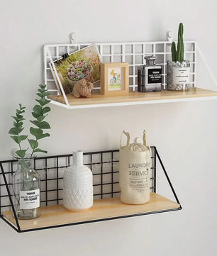 Draadmand Wandplank Set - Zonder Boren - Hout & Metaal - Decoratief & Opbergrek