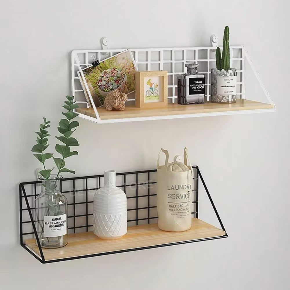 Draadmand Wandplank Set - Zonder Boren - Hout & Metaal - Decoratief & Opbergrek