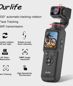 Ourlife 4K Actiecamera met 330° Face Tracking Gimbal Stabilisator & Touchscreen