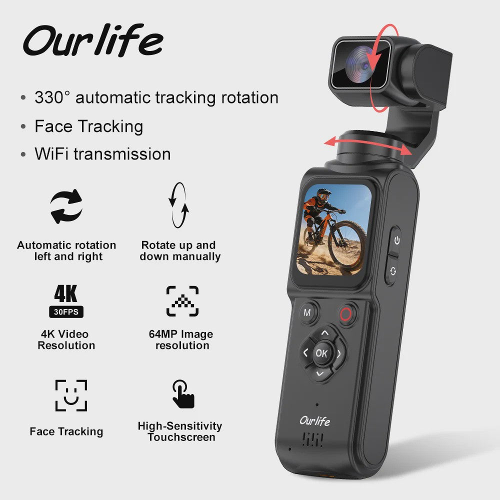 Ourlife 4K Actiecamera met 330° Face Tracking Gimbal Stabilisator & Touchscreen
